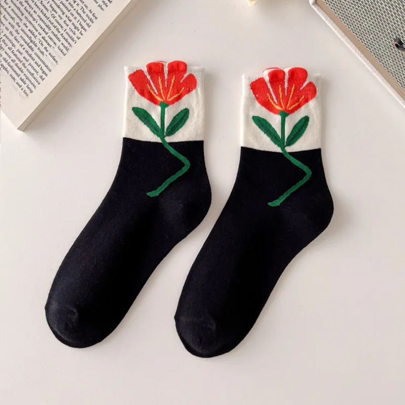 1 Pair Women Socks Japanese Korean Style Cartoon Flower Candy Color Harajuku Kawaii Mid Tube Socks Breathable Casual Short Socks image 5