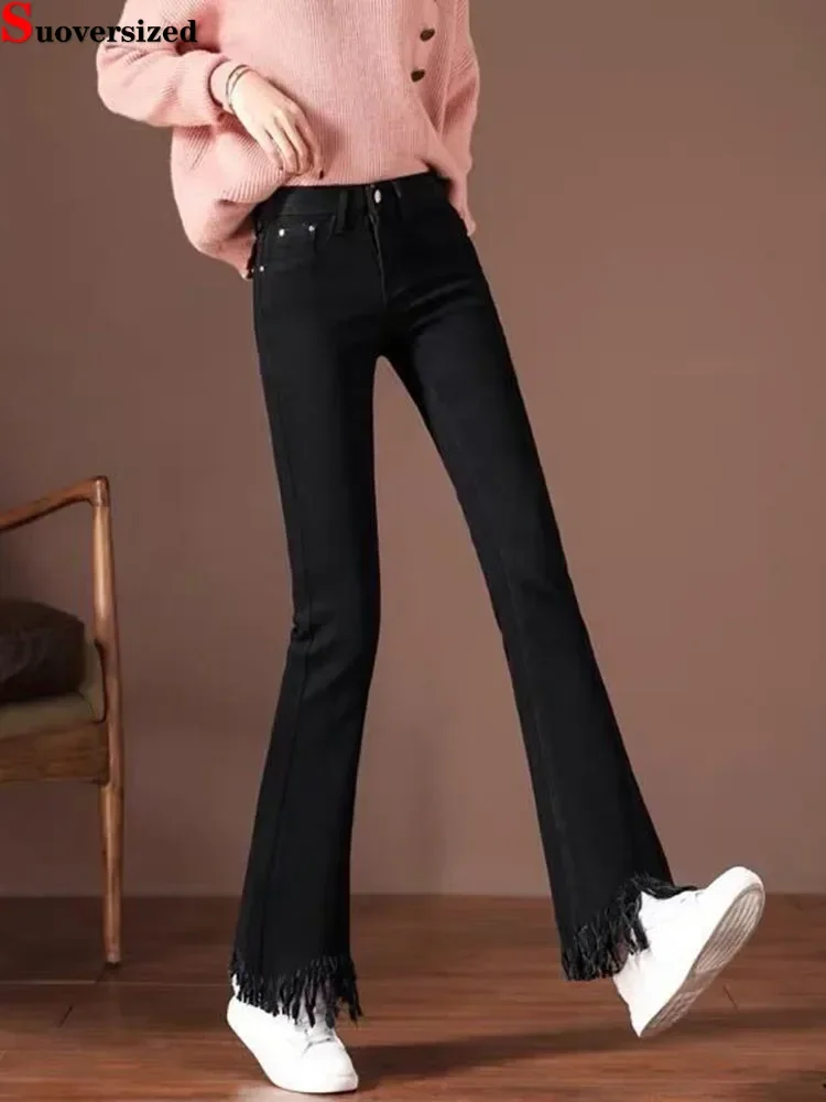 

Skinny Split Tassel Flare Jeans Big Size Casual Streetwear Vintage Stretch Vaqueros Woman Korean Slim High Waist Denim Pants