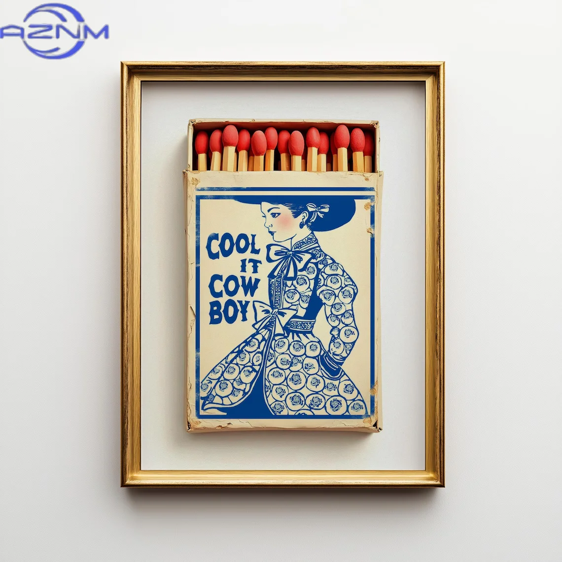 AZNM Cool It Cowboy Matchbook Print, Póster Estilo Chinoiserie Toile, Azul Cobalto y Blanco, con motivos de Vaquera Costera, Nieta Millennial y Estilo Western