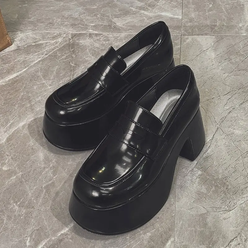 NEW Super High Heels Loafers Women Spring Autumn Patent Leather Chunky Platform Pumps Woman Slip On Black Uniform Shoes Fashion