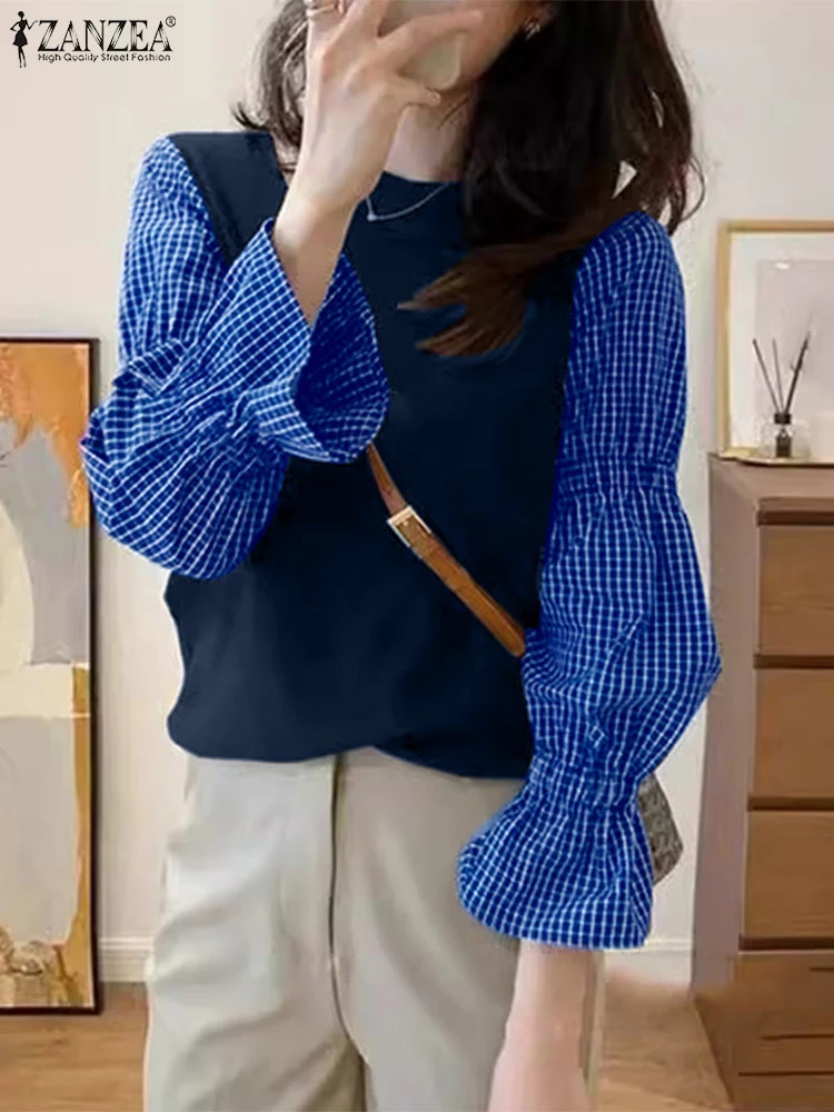 Zanzea-女性用チェック柄ステッチプルオーバー、Oネックジャンパー、長袖メッシュスウェットシャツ、カジュアルルーズパーカー、ファッションパフ、秋、2022