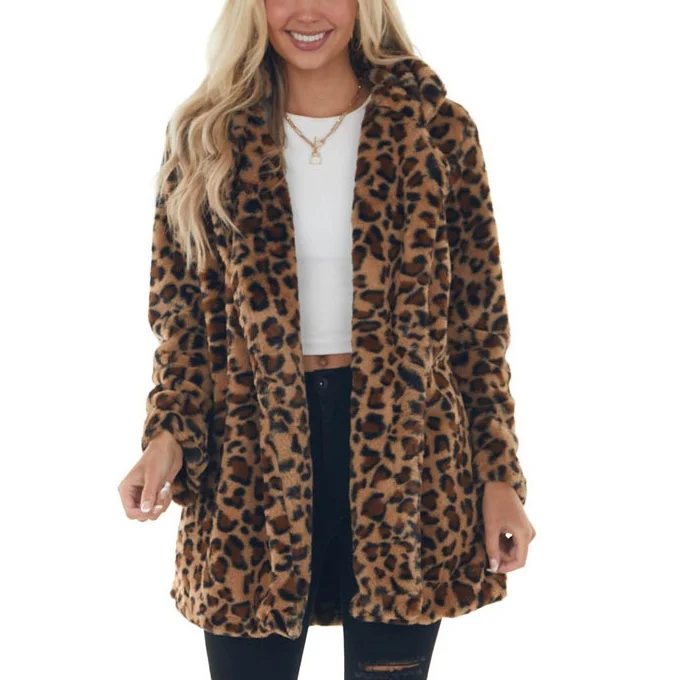 

Fashionable Autumn Winter Leopard Print Women's Jacket 2025 Stylish Simulated Fur Coat with Pockets Loose Fur Outerwear