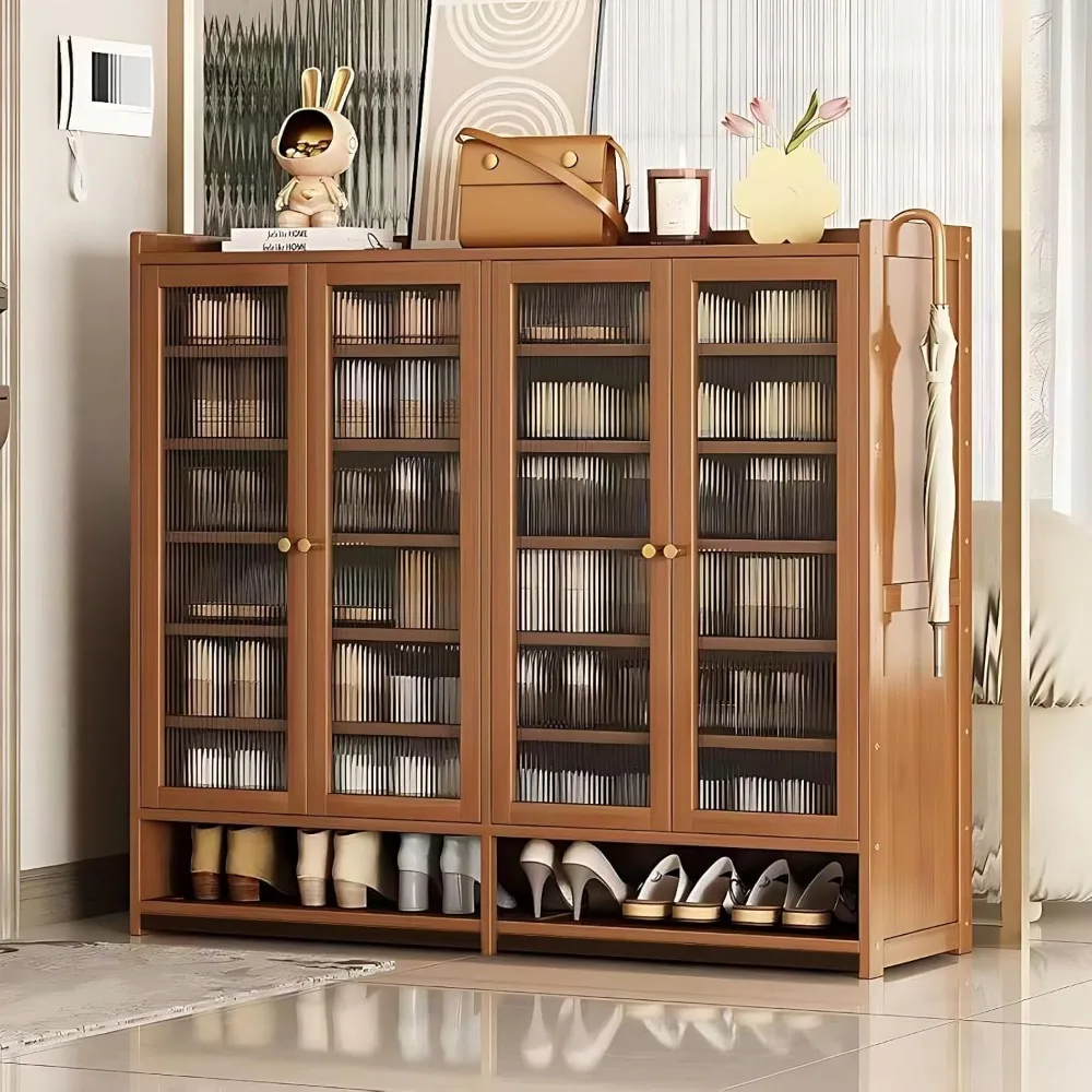 خزانة تخزين أحذية كبيرة من الخيزران مكونة من 8 طبقات مع أبواب، ومنظم رف قائم بذاته لـ 36-40 زوجًا، وخزانة أحذية موفرة للمساحة