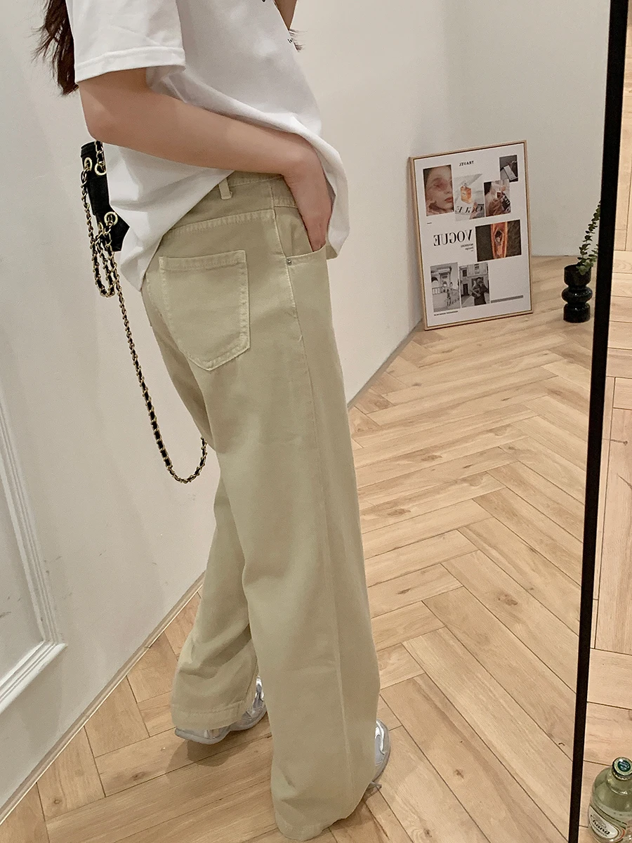 

Джинсы Uniko с высокой талией, прямые, женские, цвета манго, повседневные, свободные леггинсы, длинные брюки, корейский стиль, хлопок, стрейч-деним