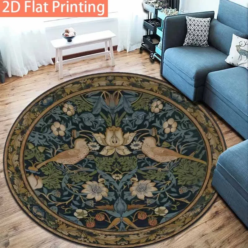 Luxurious Round Plush Polyester Area Rug Bohemian Style Vintage Floral Peacock Design Soft Living Room Mat Flooring Decoration