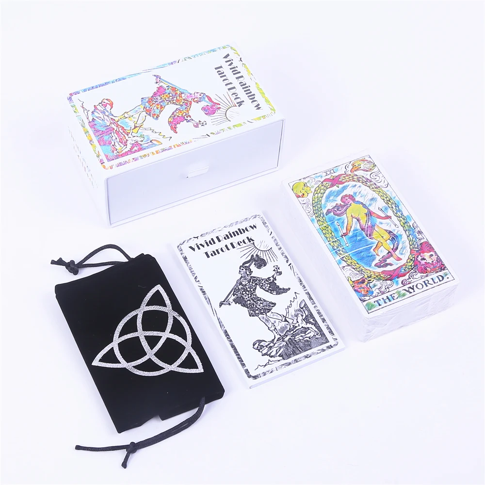 

12*7cm Vivid Rainbow Tarot Deck In Sliding Rigid Gift Box 78 Pcs Tarot Cards with Guidebook and Drawstring Pouch