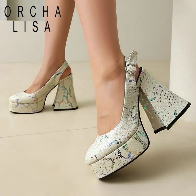 ORCHA LISA Brand Appealing Woman Rounded Toe 12.5cm Thick Heels 3.5cm Back Buckles Straps Combined Hue Large Size 41 42 43 Chic