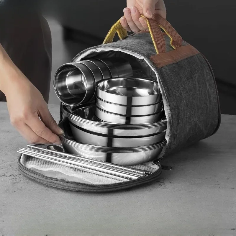 

304 Stainless Steel Disposable Tableware Set-Bowls Plates Chopsticks for Outdoor Camping and Barbecue Complete Equipment