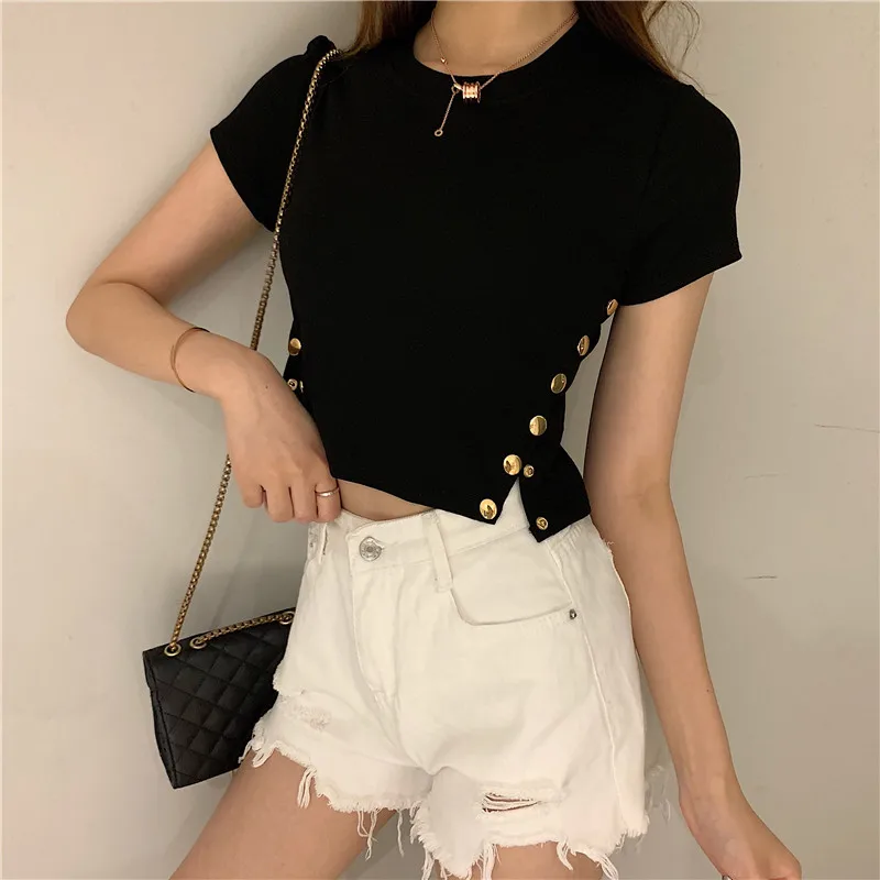 Girls Fashion Split Hem T Shirts for Women Clothes Ladies Casual Clothing Female Pornhub Crop Top Broken Code Clearance Fy1197