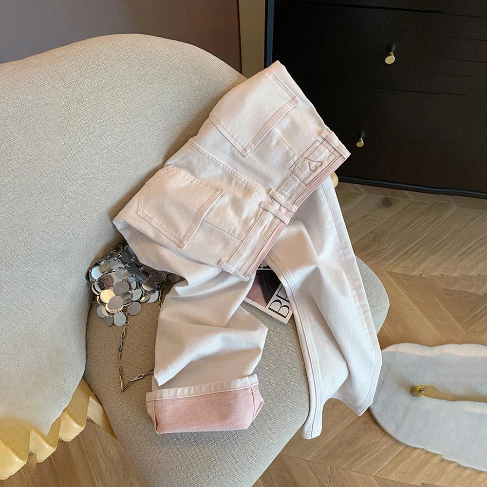 

Милые розовые джинсы с вышивкой для женщин, весенне-осенние корейские прямые джинсовые брюки с высокой талией, шикарные длинные брюки