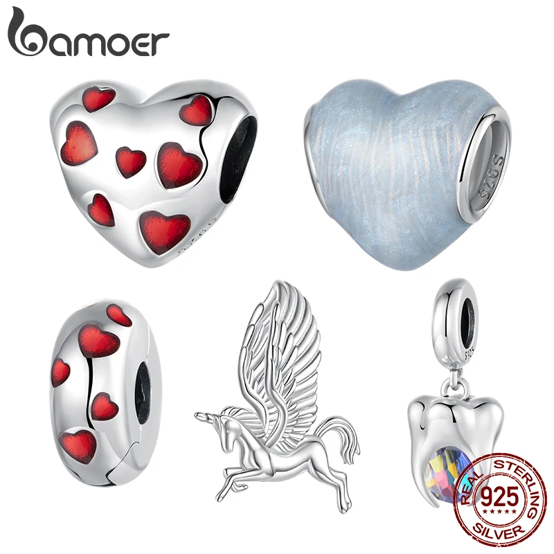 

Bamoer стерлингового серебра 925 пробы, красное сердце любви, очаровательные бусины, кулон в виде зуба единорога, подходит для браслета, ювелирные изделия, подарок для женщин, семейный друг
