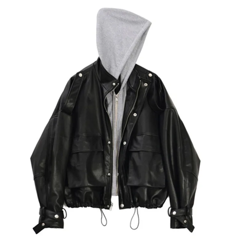 

Fake Two Piece Leather Jacket for Women Black PU with Fleece Short Style Motorcycle Leather Jacket