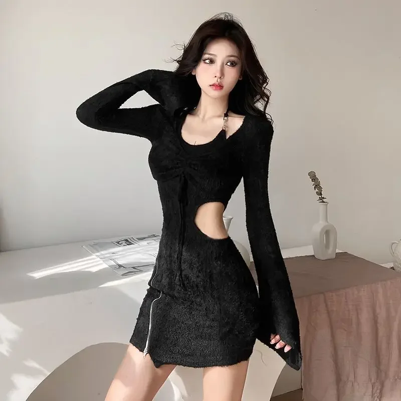 Women\'s Long Sleeve Dresses Black Hollow Female Dress Sensual Sexy X New In Trendy Elastic Casual Youth Designer A Line Thic Hot