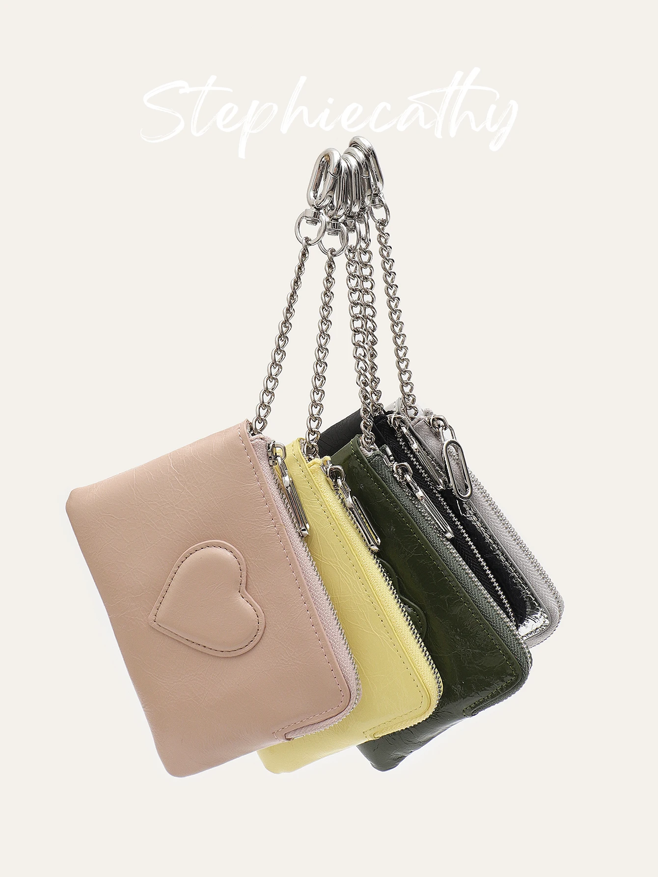 

SC Women Textured Oil Wax Leather Zipper Short Wallet Heart Decoration Multi Card Slots Coin Purse with Keychain Portable Daily