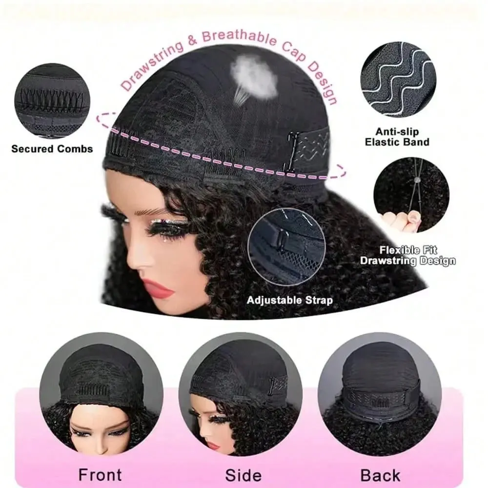 Half Wig Human Hair Kinky Curly Glueless Wig Human Hair Ready to Wear 3 IN 1 Half Wig With Drawstring 250 Density Curly Half Wig