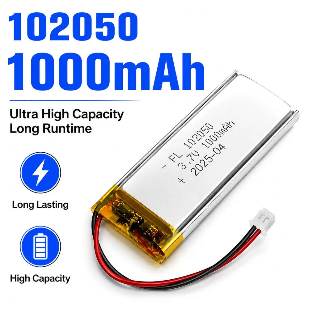 102050 3.7v Polymer Lithium Small Rechargeable Battery 1000mAh Li-Po for Steel Bluetooth Speaker Charging Tool Batteries MP3/4/5