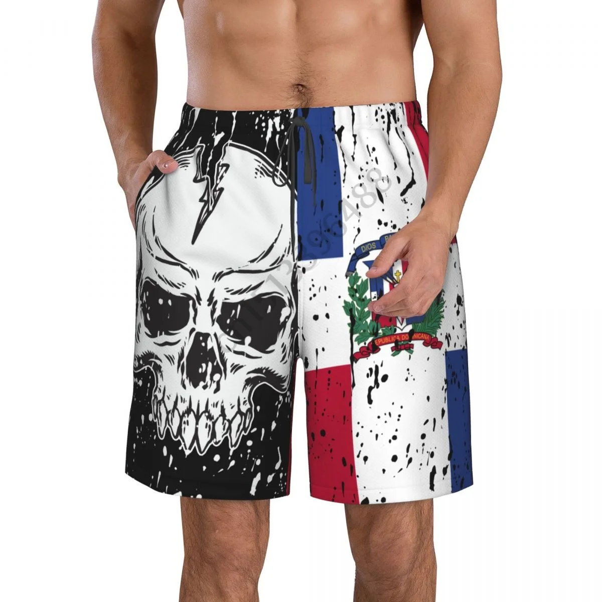 Dominican Republic Flag Vintage Skull Men's Novelty Swimtrunks Quick Dry 3D Printed Mesh Lining Beach Board Shorts with Pockets