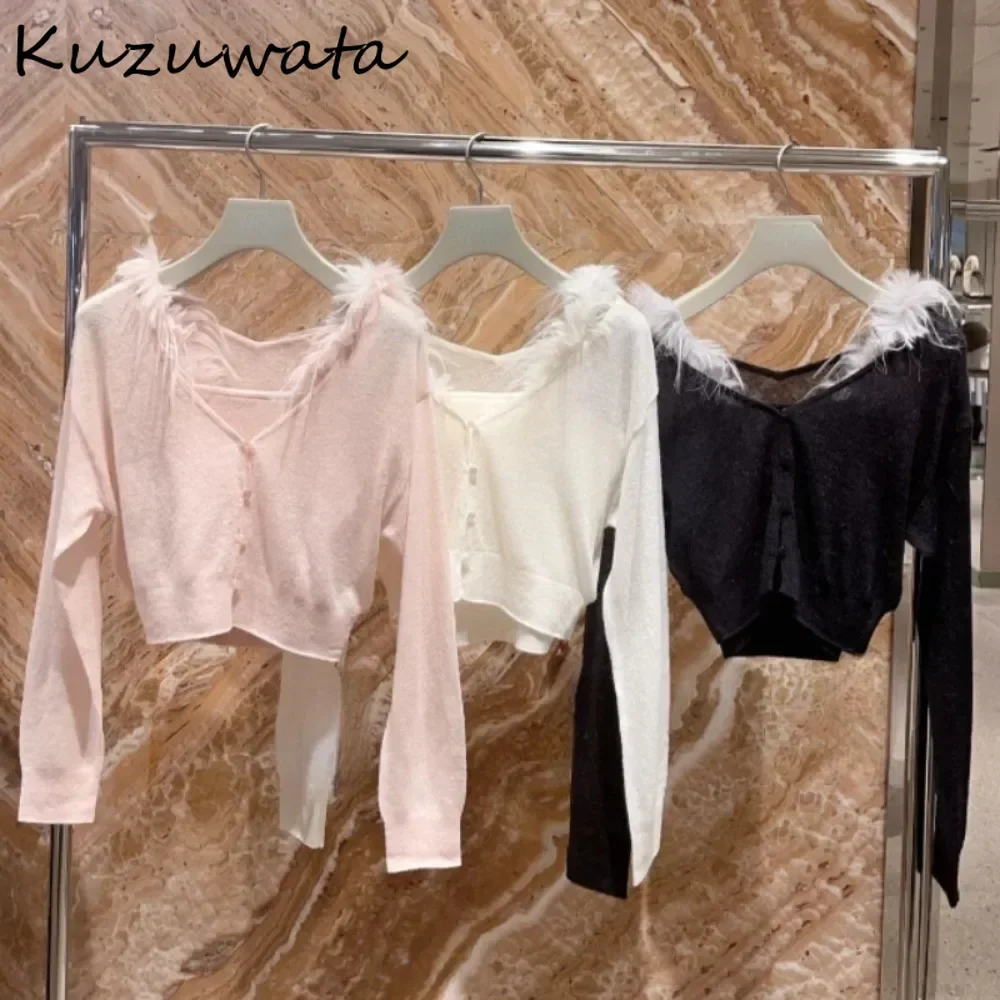 Kuzuwata New Solid Slim All-match Sets Sling Fluffy V Neck Long Sleeve Single Breasted Cardigan Japan Gentle Minority Suits Tops