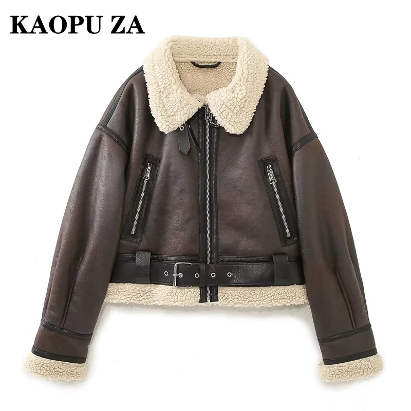 KAOPU ZA 2024 Winter Women\'s Streetwear Faux Sheepskin Fur Bomber Jacket with Belt Double-sided Fleece Zipper Pocket Warm Overco