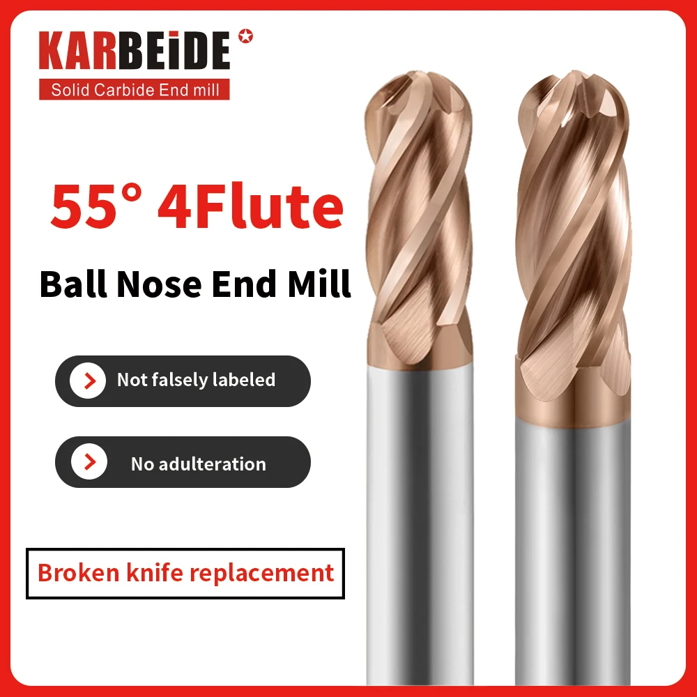 KARBEIDE Ball Nose End Mills-4 Flute TISIN Coated, For Milling Alloy Steels, Hardened Steel, Metal Etc