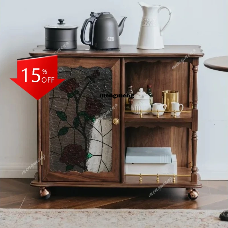 

01A Josephine tea cabinet black walnut solid wood movable living room household tea side cabinet coffee retro tea table