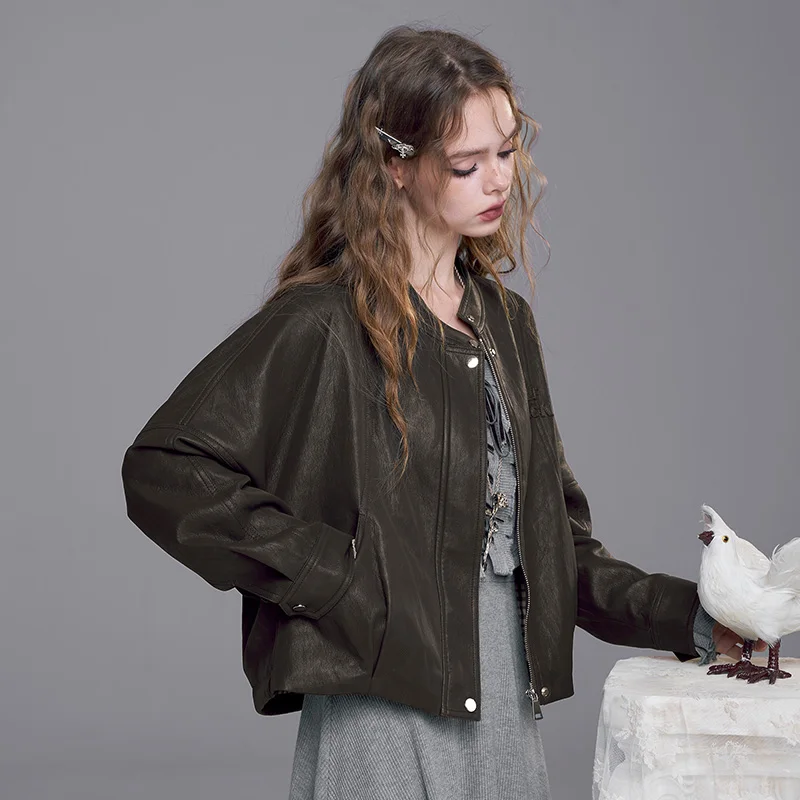 ELFSACK 2025 가을 신상 스트리트웨어 솔리드 루즈 숏 스탠드업 칼라 가죽 재킷 여성용