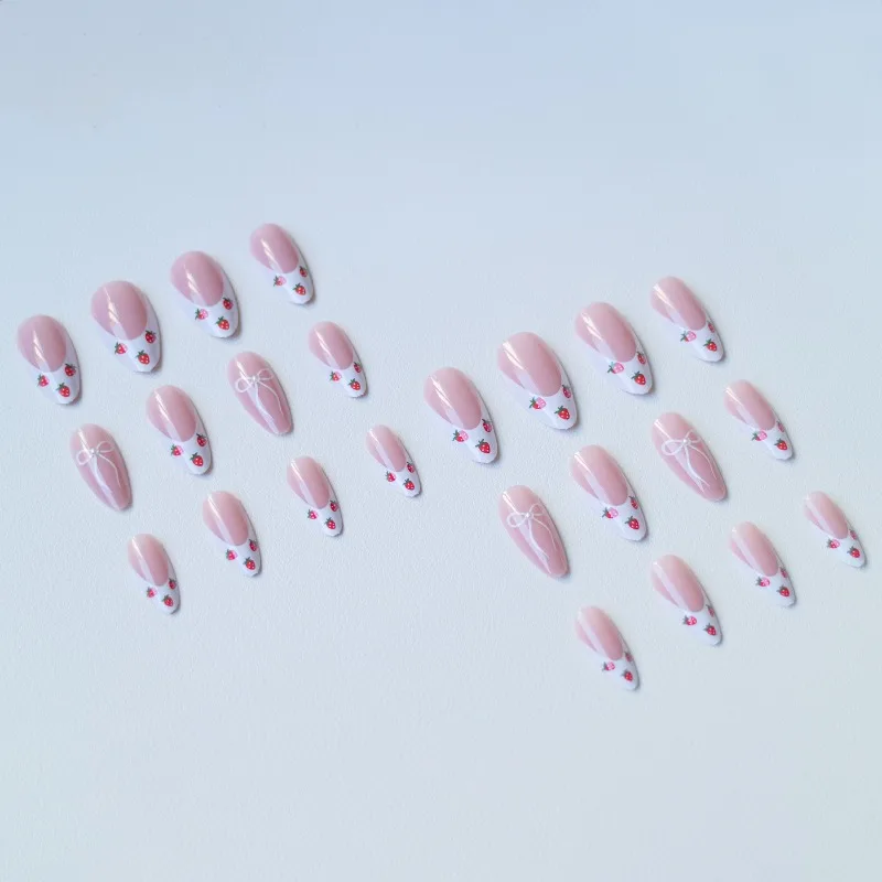 24 Uds uñas postizas acrílicas uñas adhesivas medianas lindas almendra extraíble Primavera Verano blanco francés prensa media en uñas con dijes