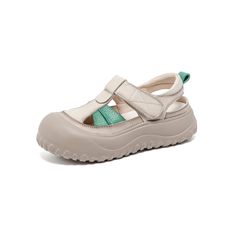 Women Flat platform Sandals Summer Thick Sole Shoes Hollow Out Breathable Round Toe Genuine Leather Casual Sandals Woman