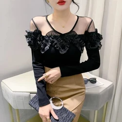 Korean chic Autumn Women V-Neck Solid Gauze Flower Edible Tree Fungus Patchwork Fashion Long Sleeve Slim Pullovers T-Shirts Tops