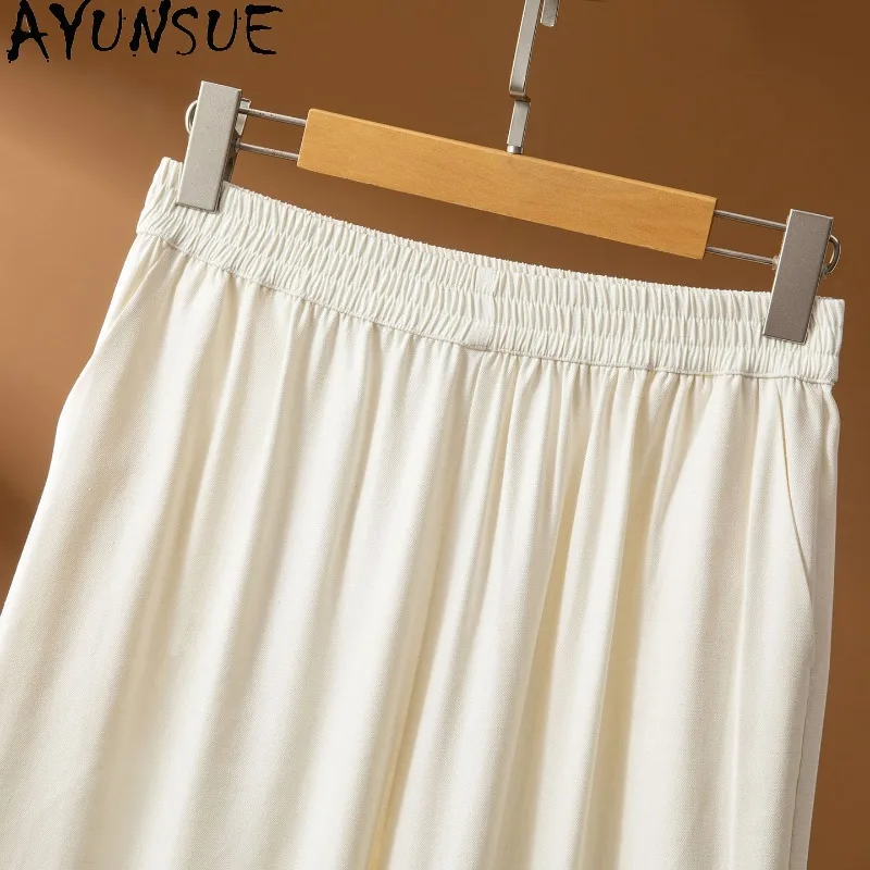 

AYUNSUE 100% Silk Women's Pants Hollowed-out Straight-leg Pants for Women Loose Casual Pants Woman Clothes Summer Ropa De Mujer