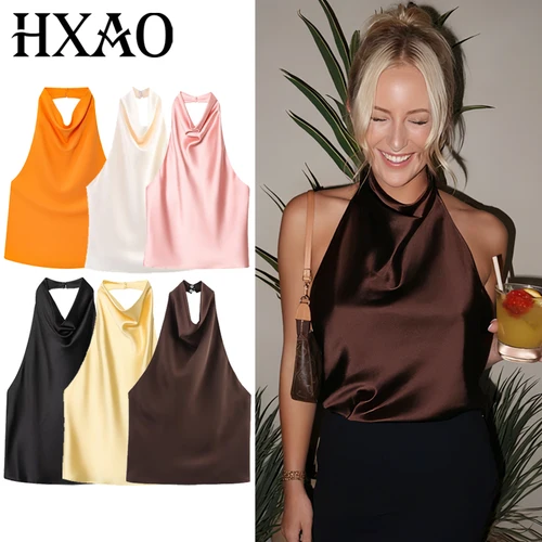 HXAO Top mujer Halter satén mujeres Tops espalda descubierta Top con corsé chaleco amarillo rosa negro verano elegante Sexy Tops camisetas sin mangas Vestidos