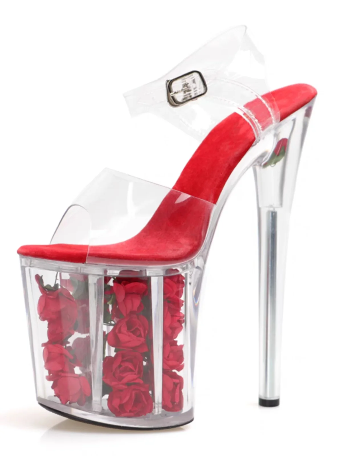 Sexy High Heel Rose Sandals Performance Stage Model Show Shoes Women Fashionable Pvc Lined Low Cut Ankle Strap