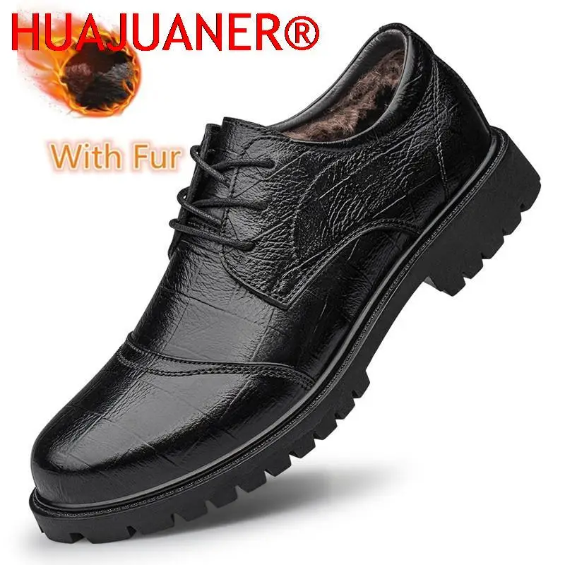 

British Style Adulto Casual Leather Lace-up Gentleman Black Solid Oxford Shoes for Man Warm with Fur Upscale Men Shoes