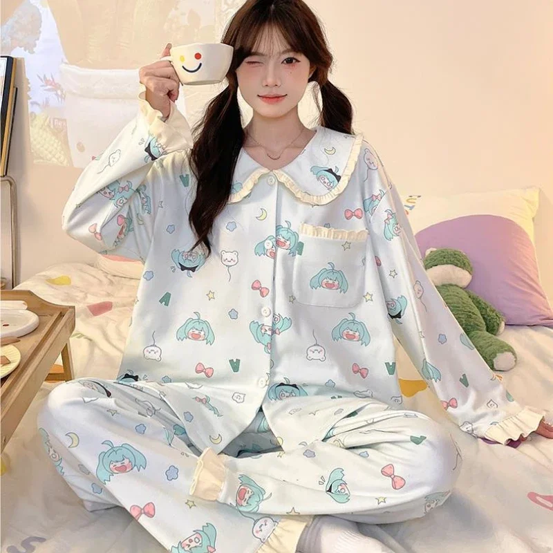 

New Hatsune Miku Doll Collar Ladies Pajamas Loose Comfortable Long-sleeved Trousers Two-piece Autumn Winter Plush Home Wear Suit