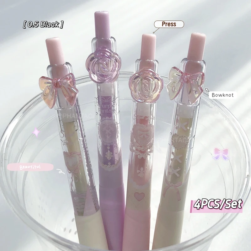 

4PCS/Set Sweet Heart Style Gel Pen For Students 0.5mm Black Pen Flower And Bowknot Writing Pen Office Supplies New
