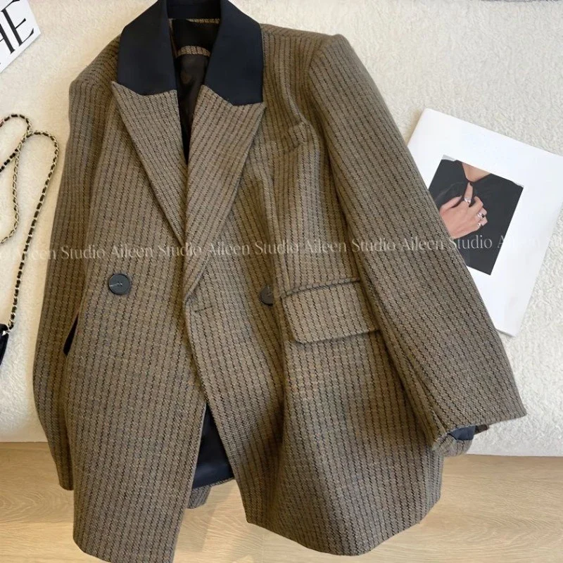 

Fashion Vintage Houndstooth Woolen Coat Women Spring Autumn New Thicked Jackets Y2k E-Girl Long Sleeve Loose Tops Mujer
