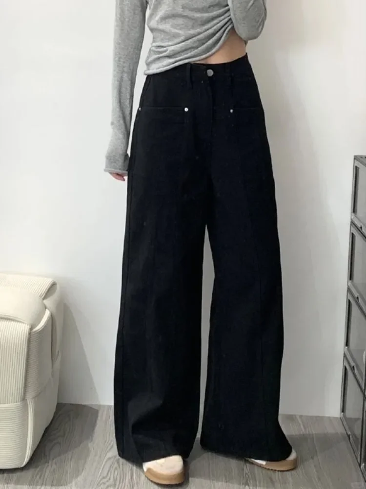 Black Patchwork Women Wide Leg Jeans Y2K Baggy Korean All Match Denim Pants High Waist Loose Pocket Casual Jeans Trousers