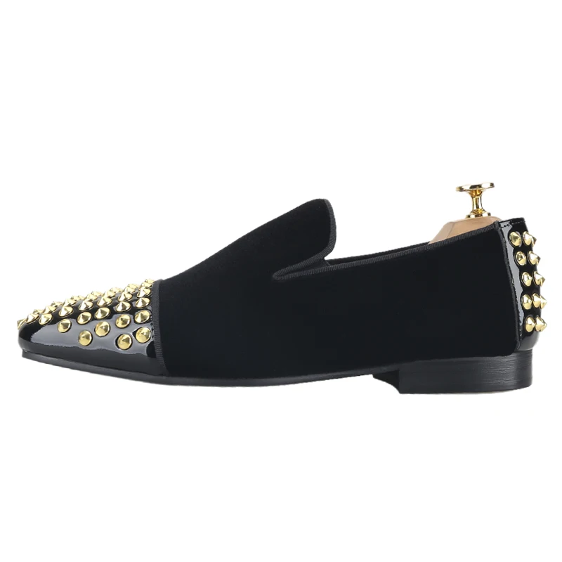 Piergitar Classic Model Blakc Velvet Slip-On Loafers With Front And Rear Handmade Gold Spikes Italy Style Men's Smoking Slippers