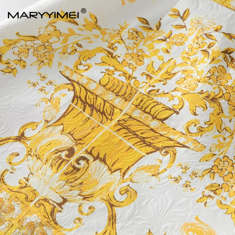 MARYYIMEI Fashion Runway Designer Women Jacquard Round Neck Sleeveless Yellow Printed High Street Elegant Mini Dresses