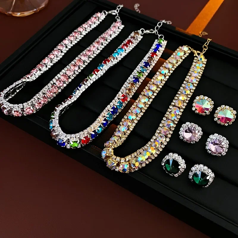 Inlaid Green Rhinestone Necklace Earring Set for Women Luxury Choker Necklace Stud Earrings Bridal Wedding Party Jewelry Sets