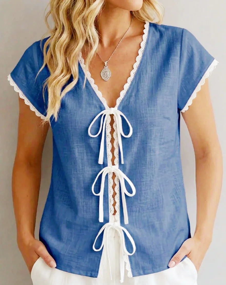 Damen-Tops mit einfarbigem Spitzenbesatz, Spitzenblock, kurzen Ärmeln und Bandage-Design, T-Shirts mit Bindedesign, Sommer-Neuheiten