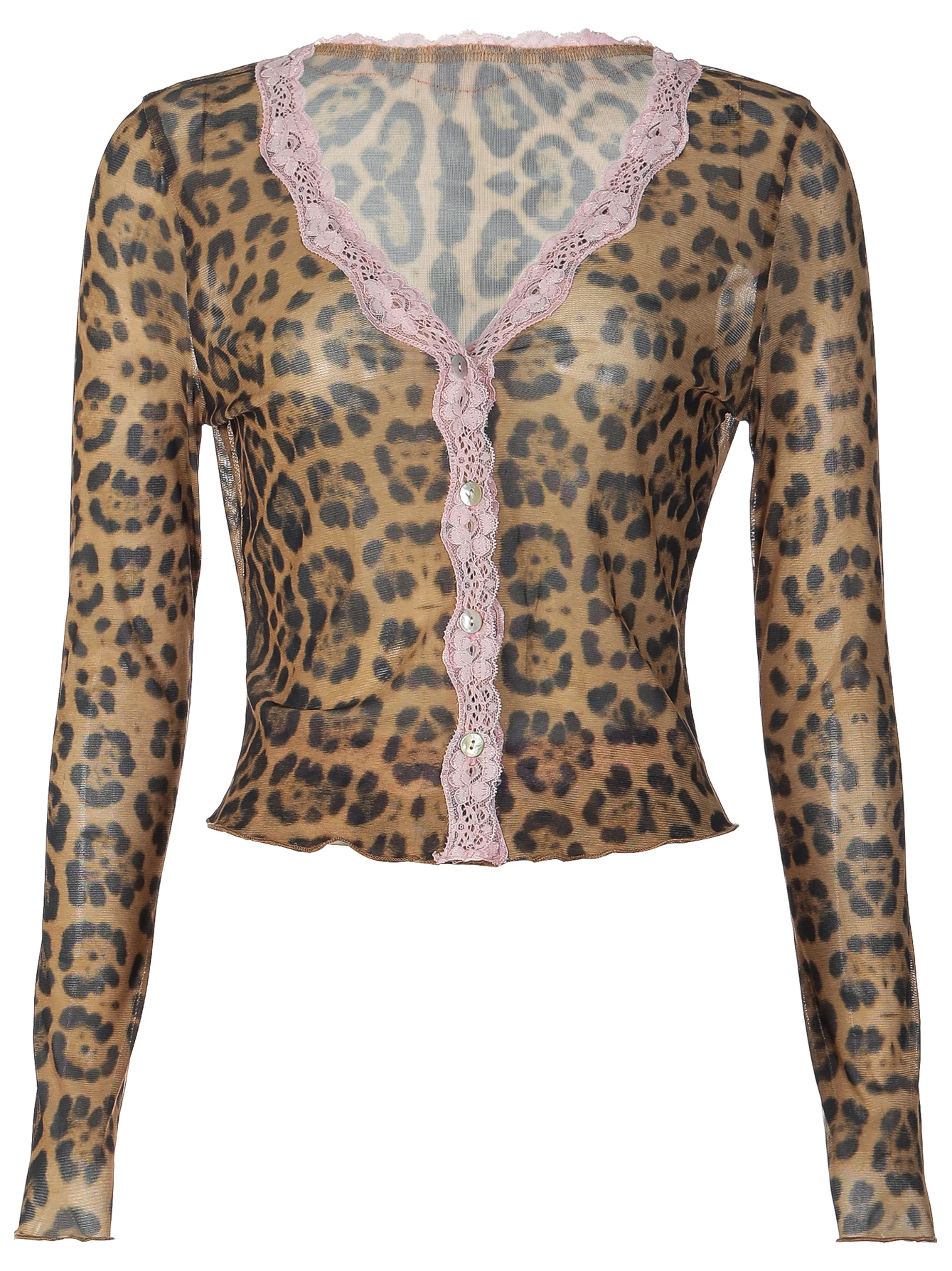 Hugcitar Leopard Print 2 Pcs Sets V Neck Long Sleeve Patchwork Lace Buttons T-Shirt Knee Pants Ruffles Women Outfits Festival view 6