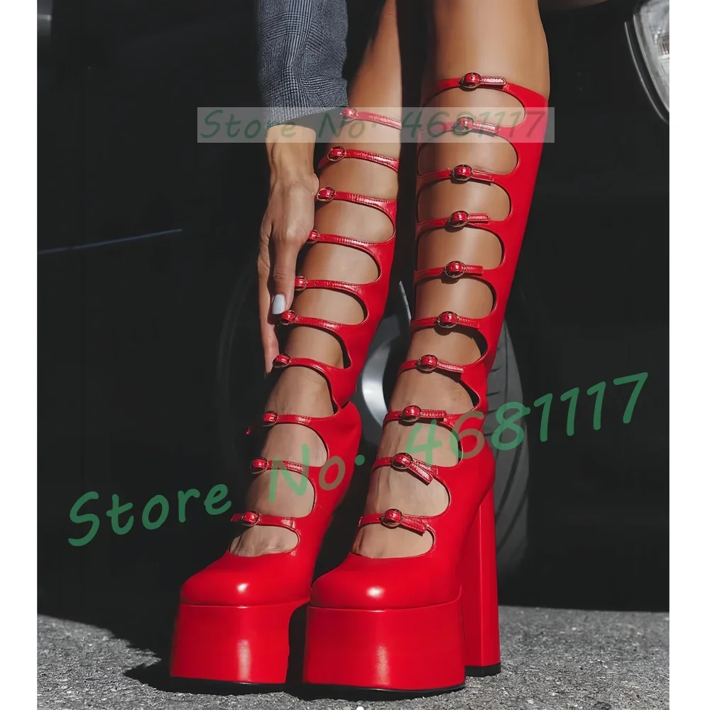 Strappy Platform Boots Women High Block Heels Stylish Multi Buckle Straps Roman Shoes Ladies Sexy Hollow Rock Style High Boots