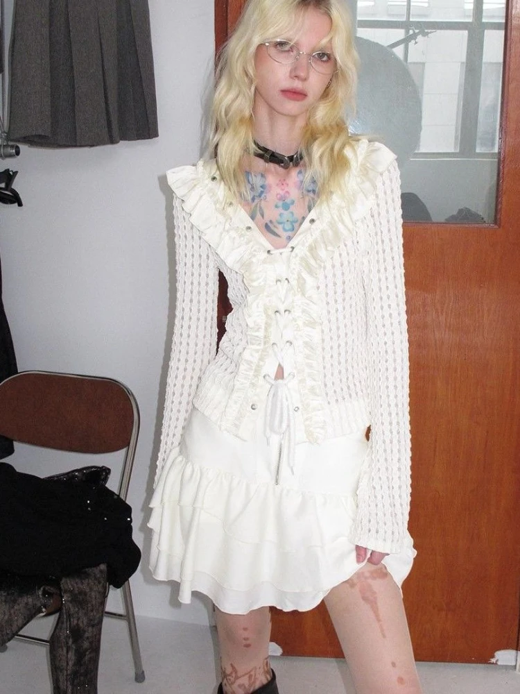 미국 빈티지 Y2K 핫 티셔츠 홀로우 아웃 캐주얼 긴팔 브이넥 레이스 드로스트링 슬림 단색 2000년대 여성 블라우스 가을