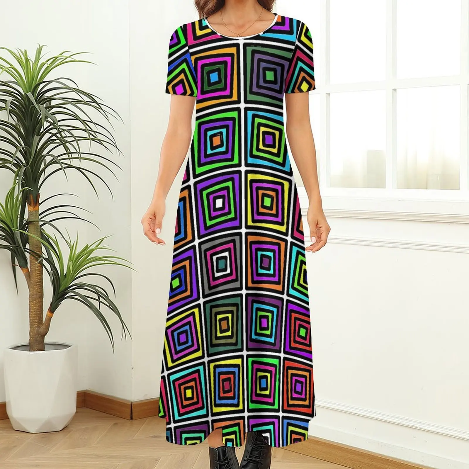 Geometic Colorblock Dress Mid Century Kawaii Maxi Dress Korean Fashion Bohemia Long Dresses Women Short Sleeve Big Size Vestido