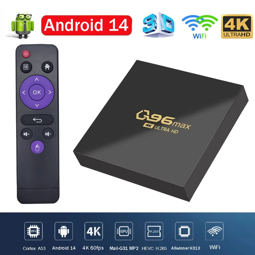 Q96 Max tv box Android 14 Allwinner H313 WiFi Quad Core 64 bit 4K 3D UHD smart tv Media Player H. 265 iptv space projectors