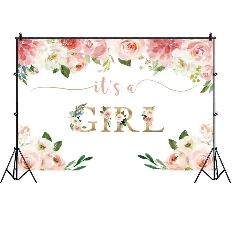 It's a Girl Baby Shower Photo Background A Sweet Baby Girl is on Her Way Photography Backdrop Princess Party Flowers Decorations