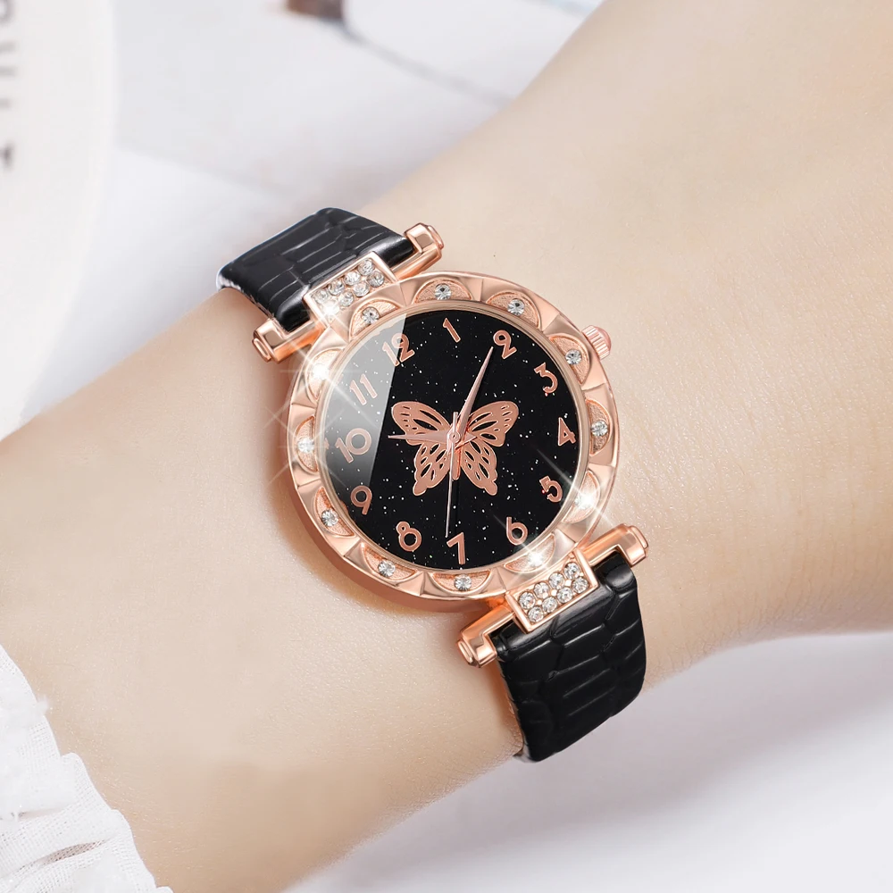 ﻿ 5Pcs Women\'s Quartz Watch Black Butterfly Pattern Leather Quartz Watch and 4 Stylish Casual Bracelet Watch Set