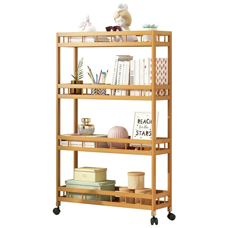 Narrow Gap Floor Rack Standing Bathroom Storage Shelf with Wheels Multi-Layer Bamboo Organizer Cart