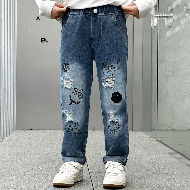 

Fashion Kids Casual Jeans for Big Boy Child Spring Autumn Graffiti Ripped Straight Trousers Teenage Baby Boys Clothes Jeans